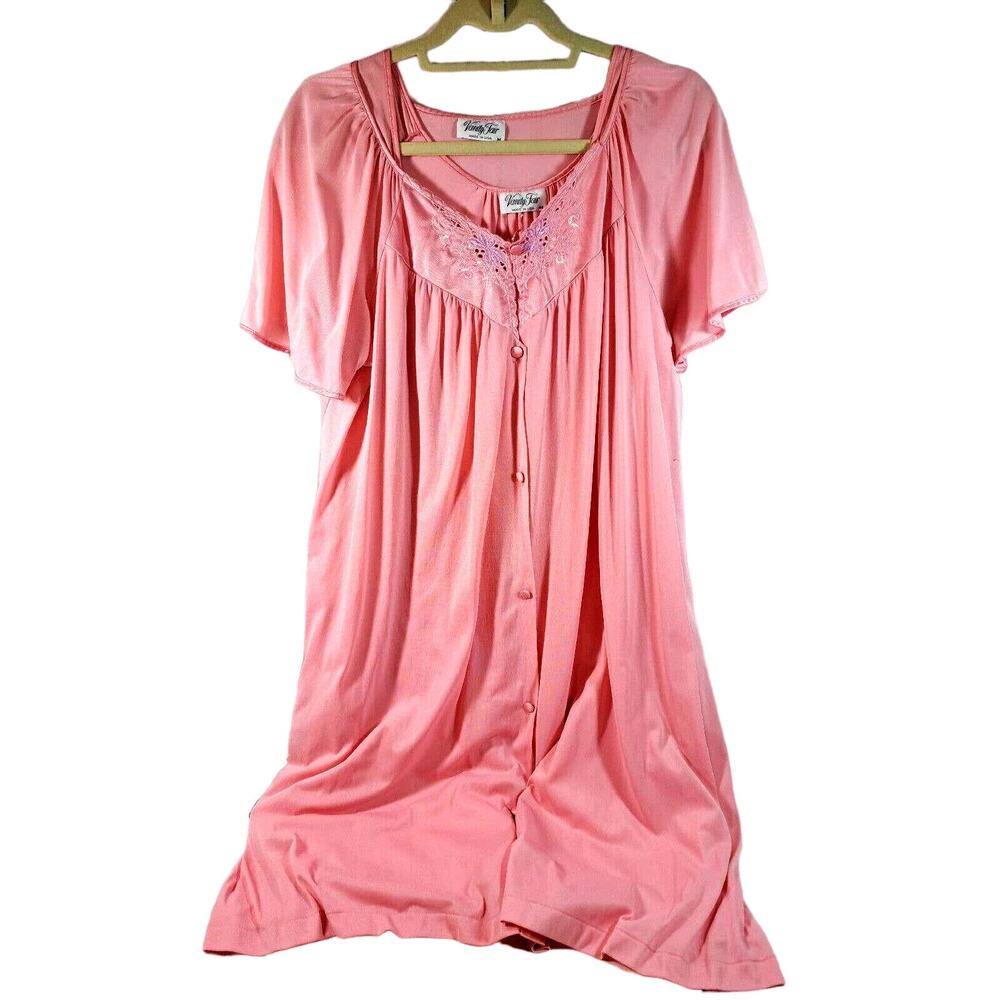 Vintage 1970s Vanity Fair Gown Robe Set Sz M Pink Nylon Made in USA Knee Length